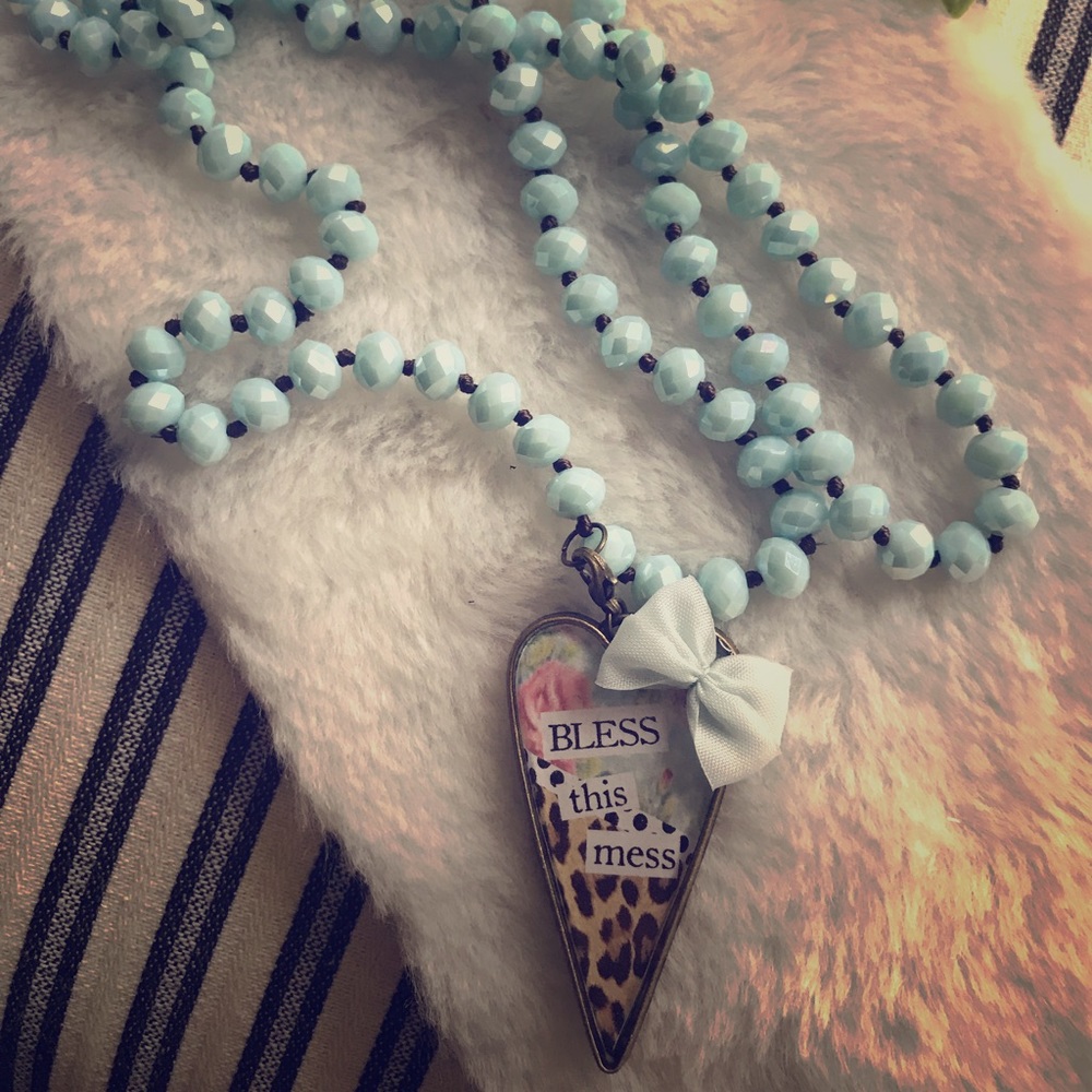 Boho Glass Beaded Necklace & Resin Pendant Set
